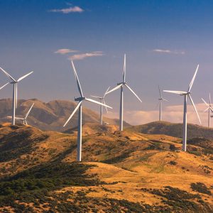 landscape with hills and wind turbines